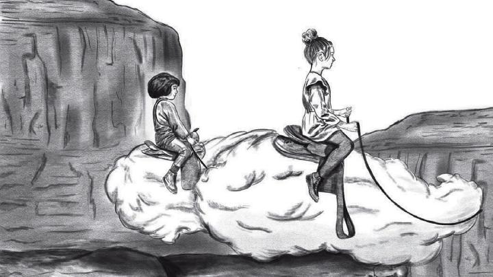 Andrew Shtulman illustrates imagination with an image of children riding a cloud as if it were a horse.