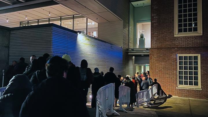 Viewers of the footage queued outside Harvard Art Museums awaiting security screening.