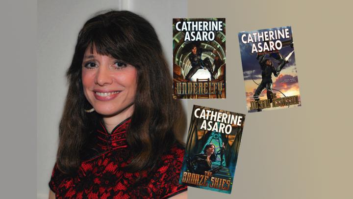 A smiling woman with brown hair next to three book covers