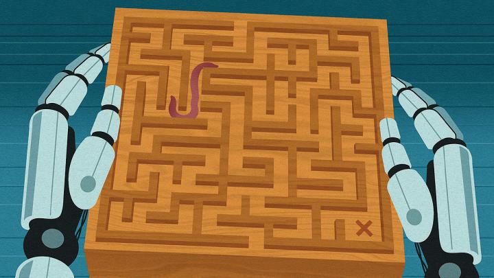 illustration of robotic hands manipulating a wooden maze to guide a worm in the maze to a target