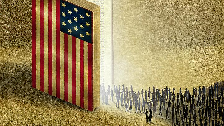 illustration of an open book with an American flag as the cover, into which a stream of migrants is entering