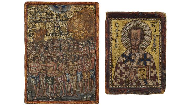 A pair of Byzantine mosaics. Left, 40 Martyrs. Right, St. John Chrysostom