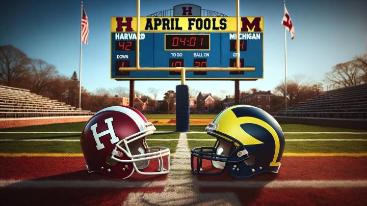 April fools graphic depicting a game with Harvard Against Michigan