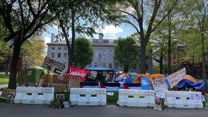 Encampment in Harvard Yard, with signs and tents