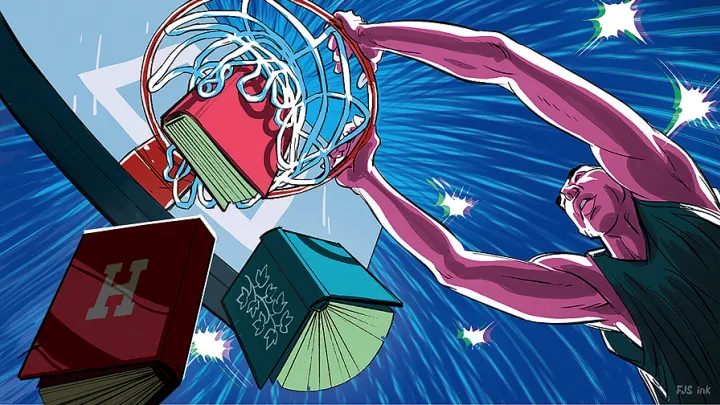 Illustration of a basketball player dunking books into a hoop,