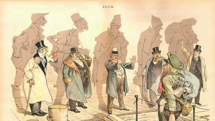 The views of Charles William Eliot and Oliver Wendell Holmes Sr. (whose images follow) aided the descendants of immigrants in keeping out new immigrants, as depicted in Joseph Keppler’s 1893 political cartoon “Looking Backward,” from Puck.
