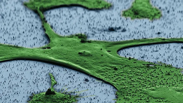 A human fibroblast—part of the body’s connective tissue—sits on a bed of vertical nanowires in this image from a scanning electron microscope. Hongkun Park and his colleagues hope that the nanowires, which penetrate the cell without harming it, can be a way to introduce genes into cells without the use of an engineered virus or invasive delivery method. One application could be adding a set of genes to fibroblasts that “reprogram” them to act like stem cells.