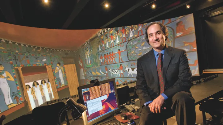 Peter Der Manuelian with a 3-D projection of the subterranean chapel of Queen Meresankh III, discovered and excavated at Giza in 1927 by the Harvard University-Boston Museum of Fine Arts Expedition. This immersive computer model, based on the actual archaeological documentation, uses software powered by Dassault Systèmes, Paris.