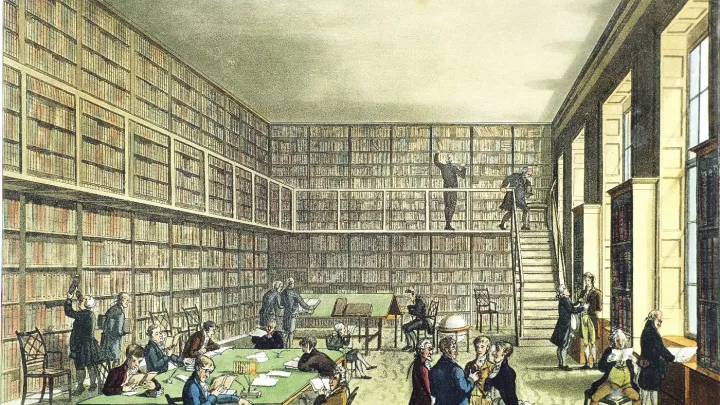 Thomas Rowlandson&rsquo;s view of the library of the Royal Institution in London, circa 1810 