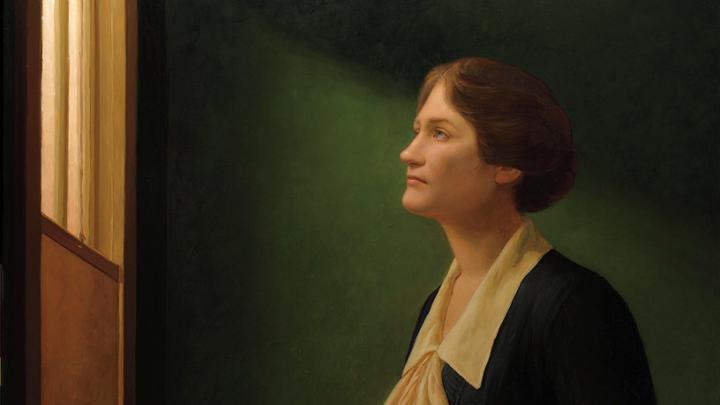 Posthumous portrait of astronomer Cecilia Payne-Gaposchkin looking up and through a window, echoing Vermeer’s painting “The Astronomer”