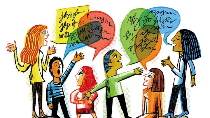 An illustration of people engaging in vigorous, animated dialogue 