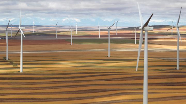 Electricity from towering turbines: wind-energy farm in Ethridge, Montana