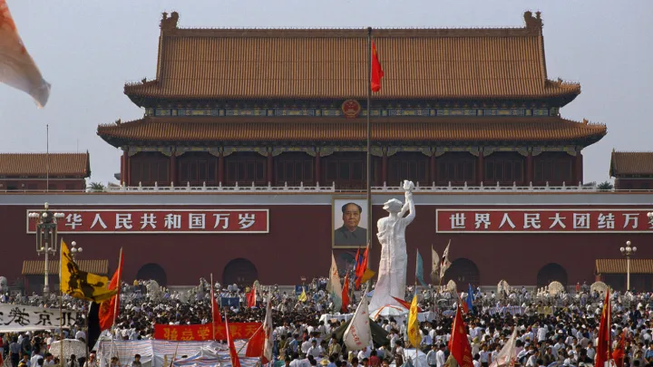 Tiananmen Square on May 28, with the student-made Goddess of Democracy statue facing the portrait of Mao Zedong, China&rsquo;s revolutionary founder