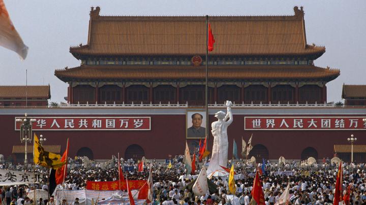 Tiananmen Square on May 28, with the student-made Goddess of Democracy statue facing the portrait of Mao Zedong, China&rsquo;s revolutionary founder