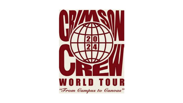 The T-shirt designed for the College class of 2024, reading "Crimson Crew WORLD TOUR" and displaying a globe-like circle labeled 2024