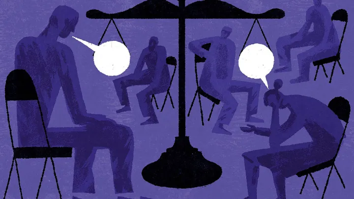 Illustration of seated people talking in a restorative justice circle