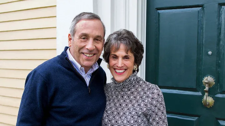 President Larry Bacow and Adele Fleet Bacow, photographed at Elmwood, April 2023