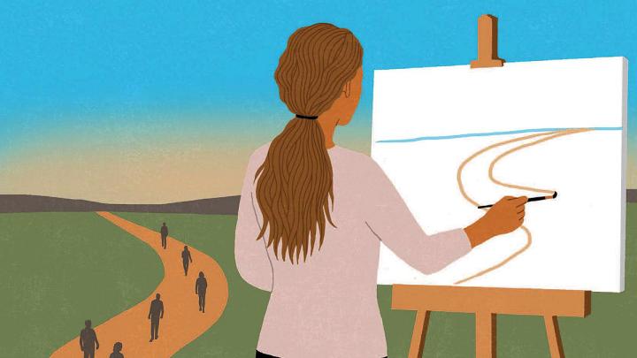 An illustration of a young woman at an easel, holding a paintbrush and tracing a path while looking out across a landscape of other people following their own path 