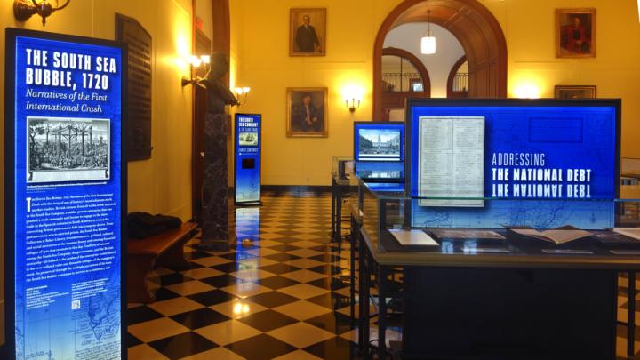 The South Sea Bubble exhibit on display in the North Lobby of Baker Library 