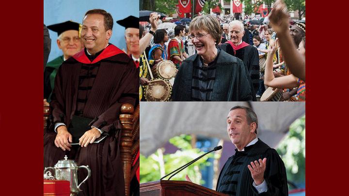 Installation photos of Harvard presidents Lawrence Summers, Drew Gilpin Faust, and Lawrence Bacow