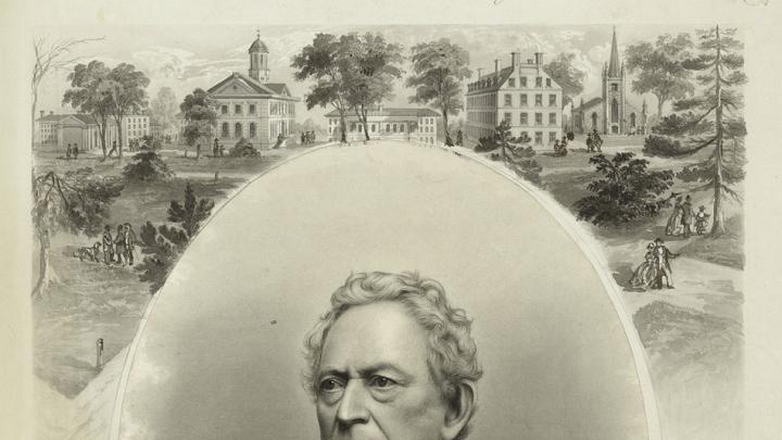 J.C. Buttre&rsquo;s portrait, probably drawn when Everett ran for vice president on the Constitutional Union Party ticket in 1860, links him to Harvard and George Washington, one of his favorite subjects. (His lectures raised more than $100,000 to help purchase Mount Vernon [see <a href="http://harvardmagazine.com/2011/05/granny-talk">“Granny Talk”</a>], and he wrote the entry on Washington for the 1860 <i>Encyclopaedia Britannica.</i>) 