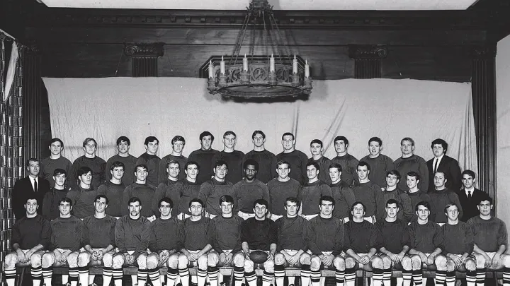 Happy campers: For their team photo, a day or two after The Game, the Crimson wore practice jerseys, giving them rather a raffish look.