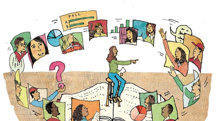 An illustration showing a teacher sitting on an enormous open book with students on screens hovering around her, some raising their hands to ask questions