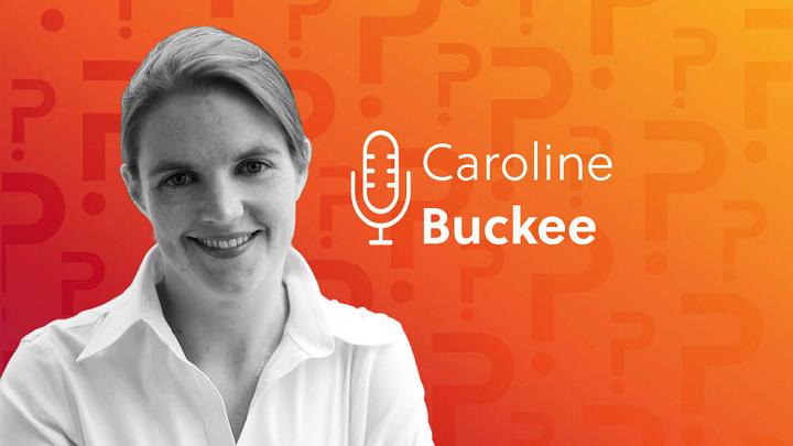 Caroline Buckee headshot over an orange background.
