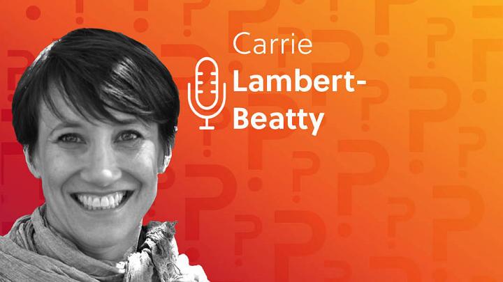 Carrie Lambert-Beatty headshot over an orange background. 