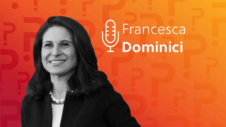 Francesca Dominici headshot over an orange background.