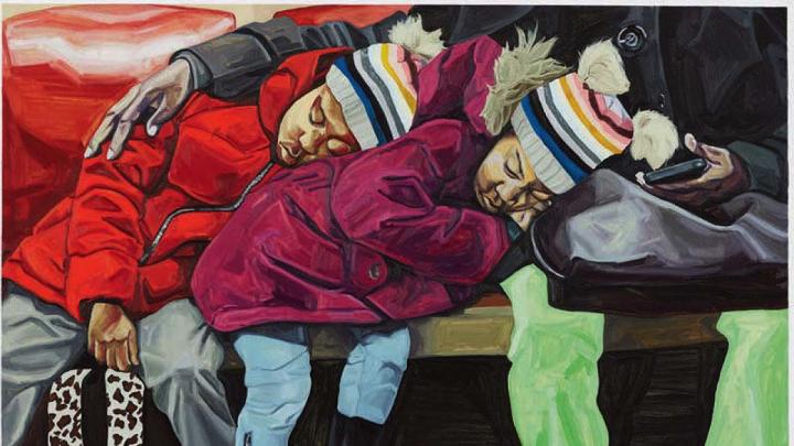 painting of twins asleep on a NYC subway, nestled against their caregiver