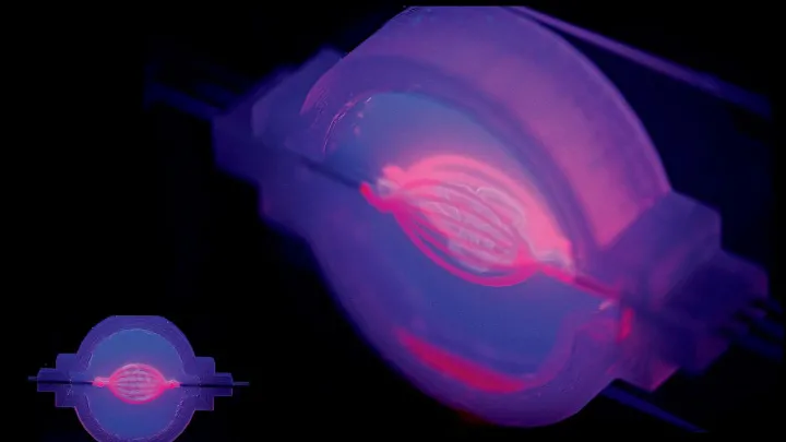A serpentine proximal tubule (light pink) snakes through the center of a multi-layer network of blood vessels (hot pink), all created using a 3-D printer.