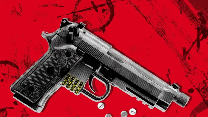 An illustration of a handgun with bullets