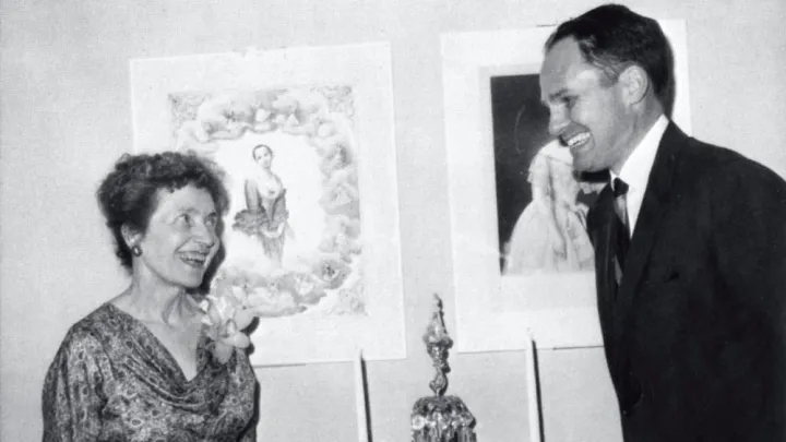 Philanthropist Edwin Binney with Helen Willard, curator of the Harvard Theatre Collection