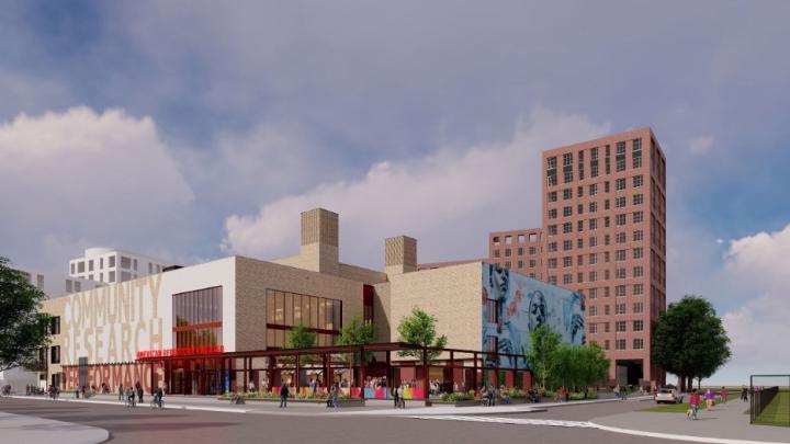 The proposed performing arts center, as seen from across North Harvard Street.