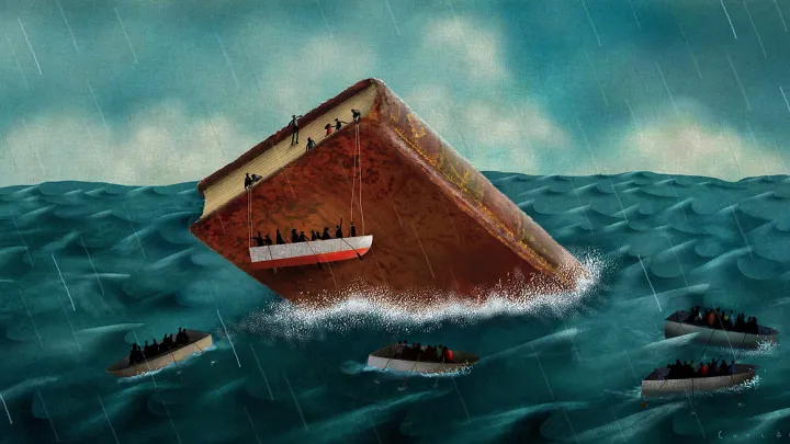 Illustration of book like a sinking ship, emblematic of problems in the humanities