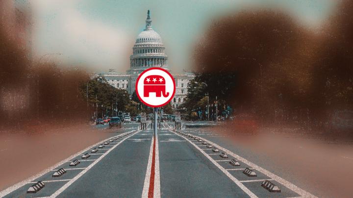 Montage depicting a road leading to the capitol with a street sign with the republican party symbol