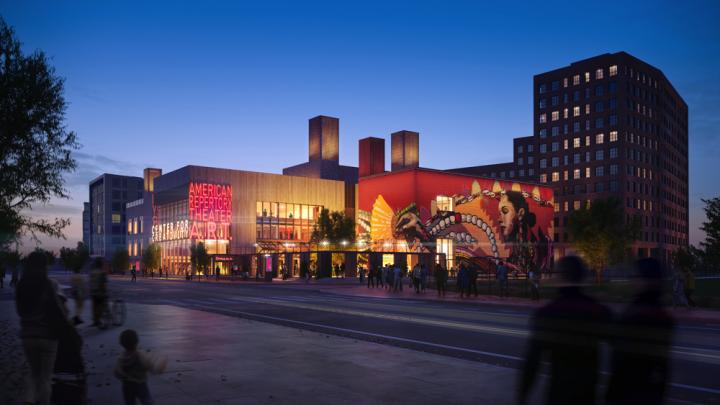 Rendering of the Center for Creativity and Performance with a new residential building rising behind it.