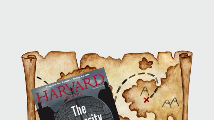 Harvard Magazine March-April cover with a magnifying glass and a map 