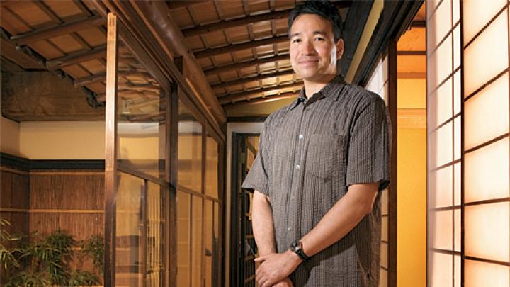 Art historian Yukio Lippit in the Japanese merchant's house at the Boston Children's Museum.