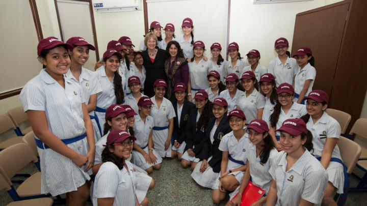Harvard president Drew Faust visits the J.B. Petit High School for Girls in Mumbai, India.
