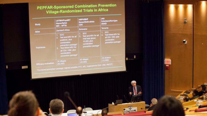 Max Essex, Lasker professor of health sciences at Harvard School of Public Health and chair of HSPH’s AIDS Initiative, speaks during the school’s conference "PEPFAR in Africa," devoted to exploring Harvard's role in President George W. Bush's successful effort to finance and fight AIDS in Africa.