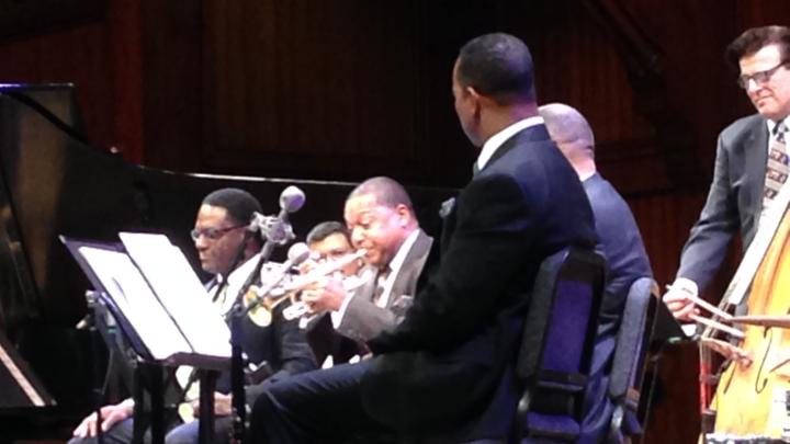 Wynton Marsalis (on trumpet) and his band perform at Sanders Theatre.