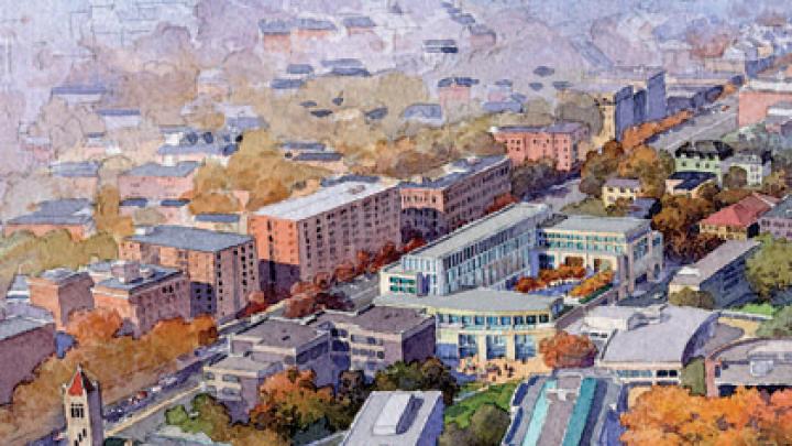 An aerial view of the proposed new building, looking northwest from a vantage point above the Science Center