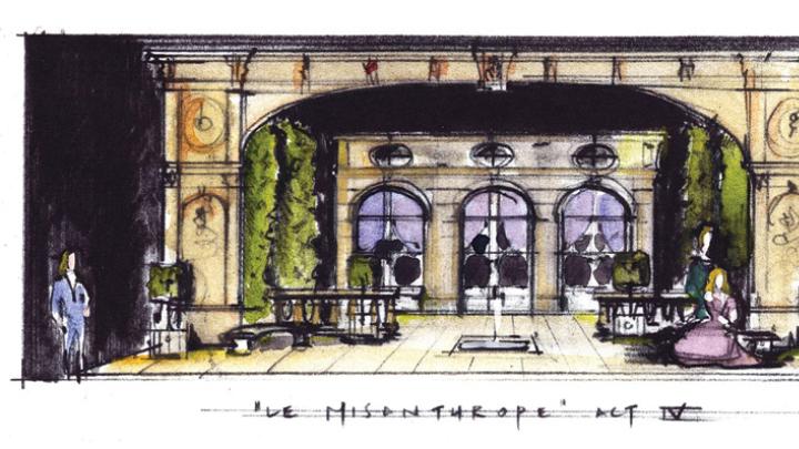 For Molière’s <i>The Misanthrope</i> at Berkshire Theatre Festival in Stockbridge, Massachusetts, Sprague’s sketch (shown) became a model later built as the play’s set. 