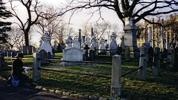 For the 2001 film <i>The Royal Tenenbaums,</i> Sprague sketched a graveyard that director Wes Anderson used in the movie (shown here, with Sprague at work, lower left).