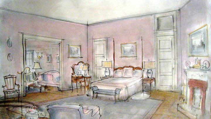Sprague’s sketch for a bedroom set was realized in the film <i>The Last Harbor,</i> scheduled for release this year. 