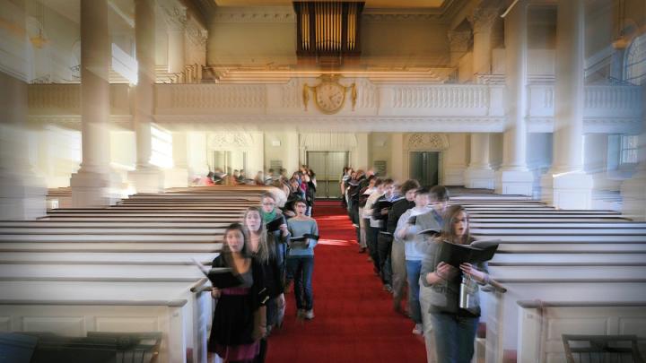 The Harvard University Choir sings at a dress rehearsal in Memorial Church. 