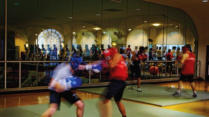 Members of the Harvard Boxing Club spar in the Malkin Athletic Center. 