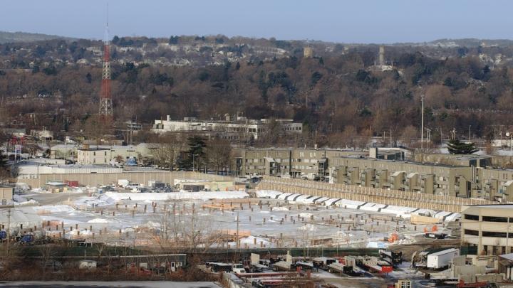 Construction of the Allston science complex will halt. The Charlesview housing site, across Western Avenue (to the right), will come under Harvard’s control—but development of a proposed arts and cultural hub at this key intersection with North Harvard Street remains a vision for the future.